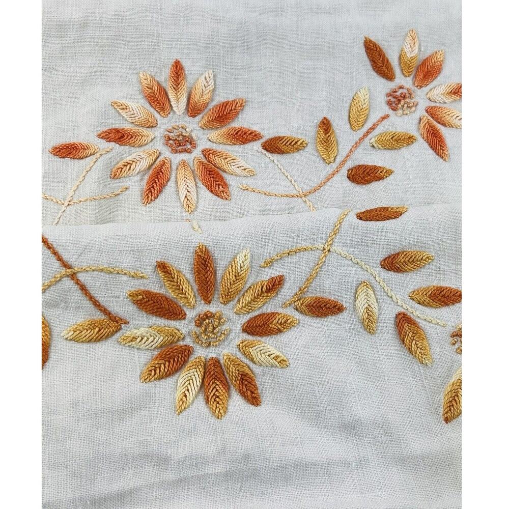 Vintage Hand Embroidered Dresser Scarf Table Runner Orange Floral Leaf 3D Design